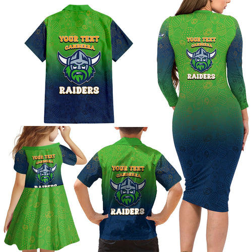 Personalized Canberra Raiders Family Matching Long Sleeve Bodycon Dress and Hawaiian Shirt Easter Mascot - Colorful Eggs Cartoon Style
