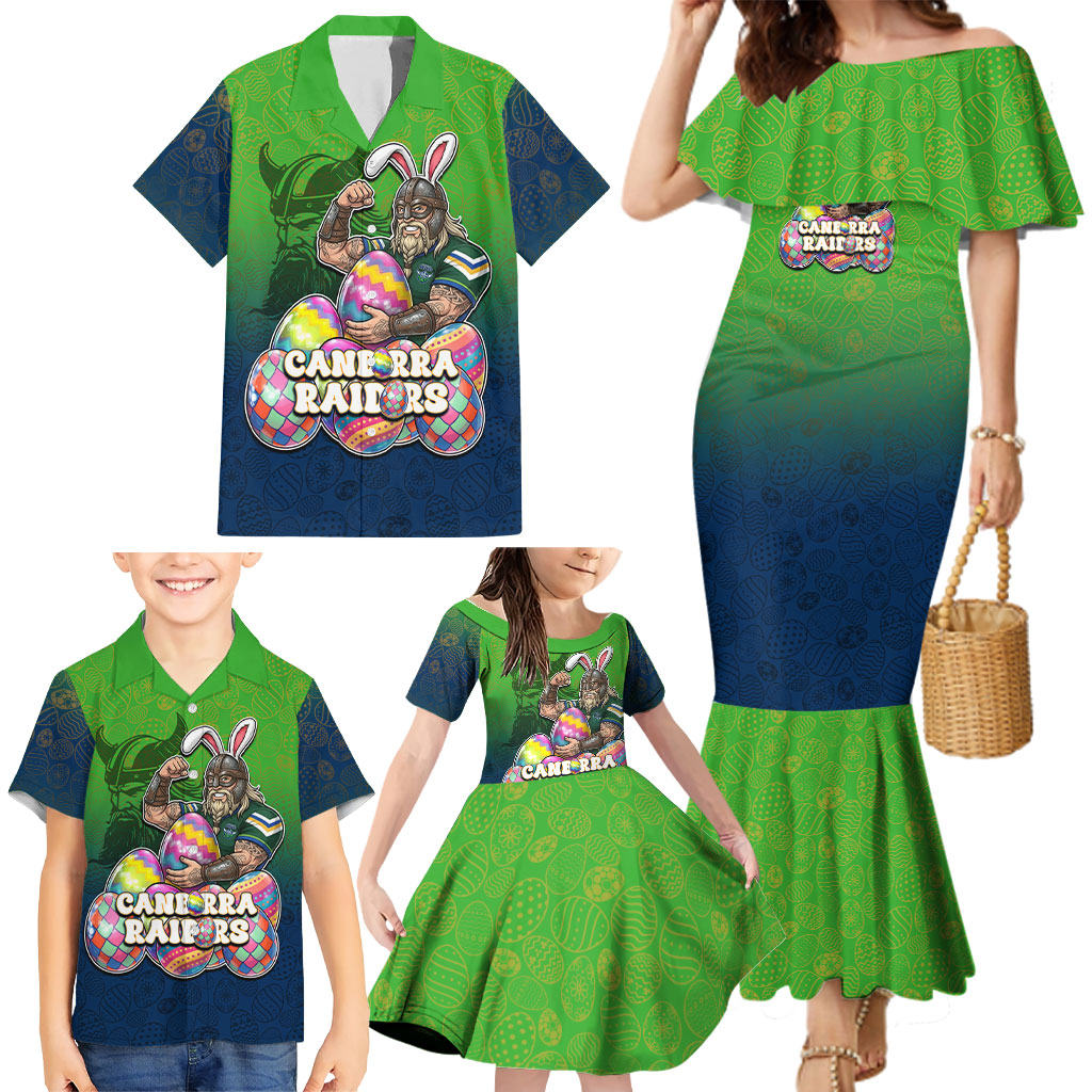 Personalized Canberra Raiders Family Matching Mermaid Dress and Hawaiian Shirt Easter Mascot - Colorful Eggs Cartoon Style