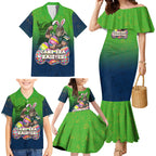 Personalized Canberra Raiders Family Matching Mermaid Dress and Hawaiian Shirt Easter Mascot - Colorful Eggs Cartoon Style