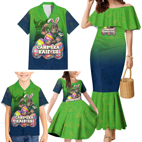 Personalized Canberra Raiders Family Matching Mermaid Dress and Hawaiian Shirt Easter Mascot - Colorful Eggs Cartoon Style