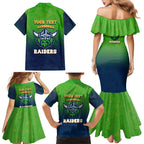 Personalized Canberra Raiders Family Matching Mermaid Dress and Hawaiian Shirt Easter Mascot - Colorful Eggs Cartoon Style