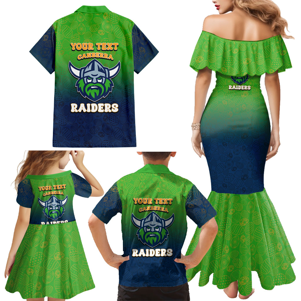 Personalized Canberra Raiders Family Matching Mermaid Dress and Hawaiian Shirt Easter Mascot - Colorful Eggs Cartoon Style
