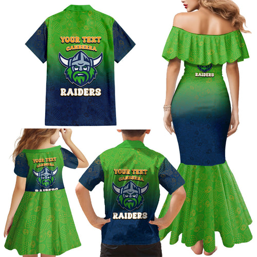 Personalized Canberra Raiders Family Matching Mermaid Dress and Hawaiian Shirt Easter Mascot - Colorful Eggs Cartoon Style