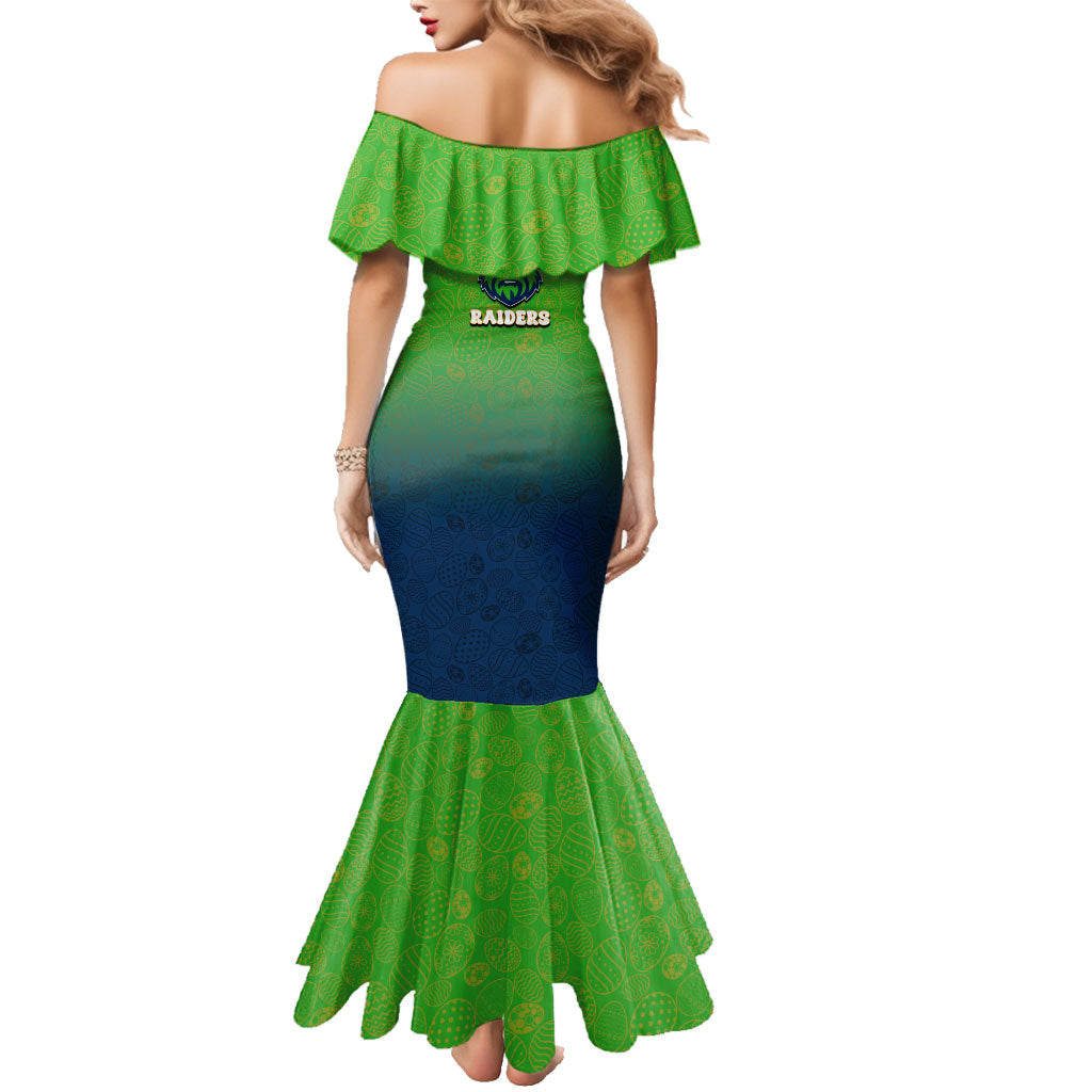 Personalized Canberra Raiders Family Matching Mermaid Dress and Hawaiian Shirt Easter Mascot - Colorful Eggs Cartoon Style