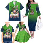 Personalized Canberra Raiders Family Matching Off The Shoulder Long Sleeve Dress and Hawaiian Shirt Easter Mascot - Colorful Eggs Cartoon Style