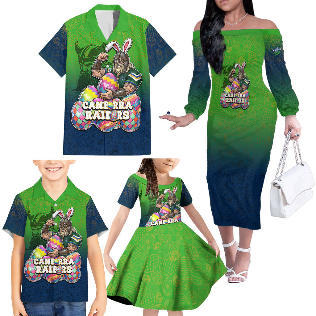 Personalized Canberra Raiders Family Matching Off The Shoulder Long Sleeve Dress and Hawaiian Shirt Easter Mascot - Colorful Eggs Cartoon Style
