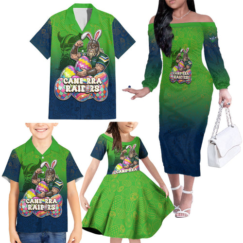 Personalized Canberra Raiders Family Matching Off The Shoulder Long Sleeve Dress and Hawaiian Shirt Easter Mascot - Colorful Eggs Cartoon Style