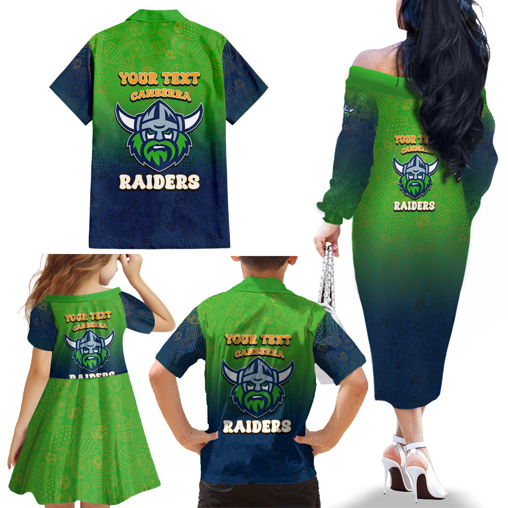 Personalized Canberra Raiders Family Matching Off The Shoulder Long Sleeve Dress and Hawaiian Shirt Easter Mascot - Colorful Eggs Cartoon Style