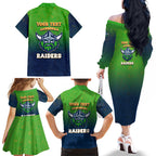 Personalized Canberra Raiders Family Matching Off The Shoulder Long Sleeve Dress and Hawaiian Shirt Easter Mascot - Colorful Eggs Cartoon Style