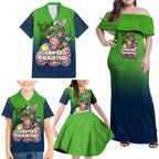 Personalized Canberra Raiders Family Matching Off Shoulder Maxi Dress and Hawaiian Shirt Easter Mascot - Colorful Eggs Cartoon Style