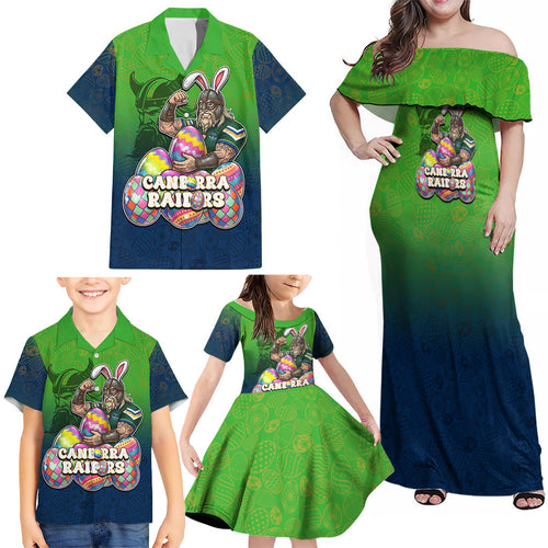 Personalized Canberra Raiders Family Matching Off Shoulder Maxi Dress and Hawaiian Shirt Easter Mascot - Colorful Eggs Cartoon Style