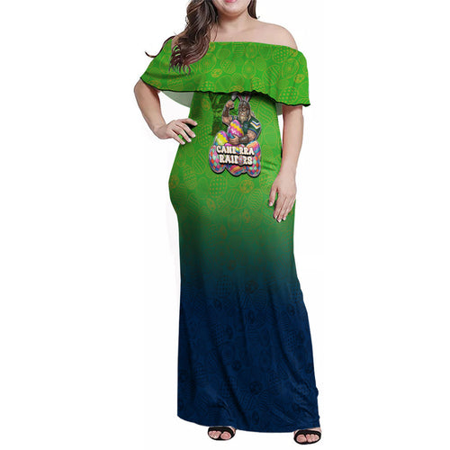 Personalized Canberra Raiders Family Matching Off Shoulder Maxi Dress and Hawaiian Shirt Easter Mascot - Colorful Eggs Cartoon Style