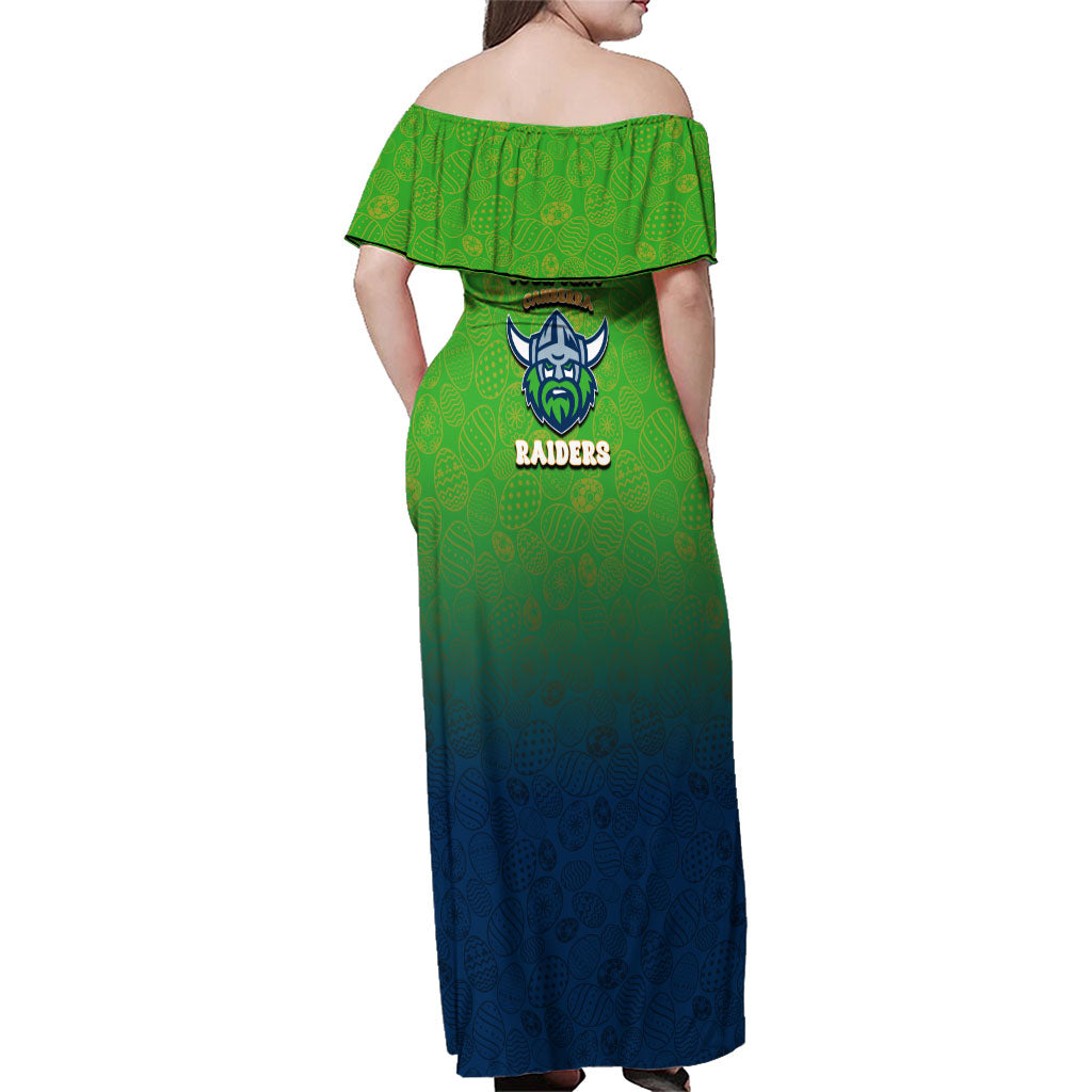 Personalized Canberra Raiders Family Matching Off Shoulder Maxi Dress and Hawaiian Shirt Easter Mascot - Colorful Eggs Cartoon Style