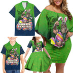 Personalized Canberra Raiders Family Matching Off Shoulder Short Dress and Hawaiian Shirt Easter Mascot - Colorful Eggs Cartoon Style