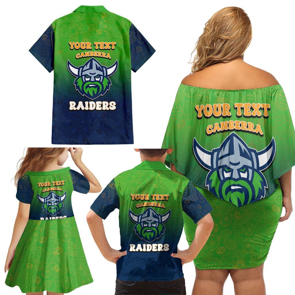 Personalized Canberra Raiders Family Matching Off Shoulder Short Dress and Hawaiian Shirt Easter Mascot - Colorful Eggs Cartoon Style