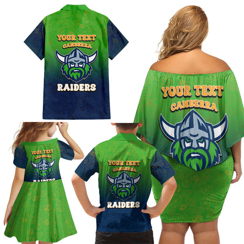 Personalized Canberra Raiders Family Matching Off Shoulder Short Dress and Hawaiian Shirt Easter Mascot - Colorful Eggs Cartoon Style