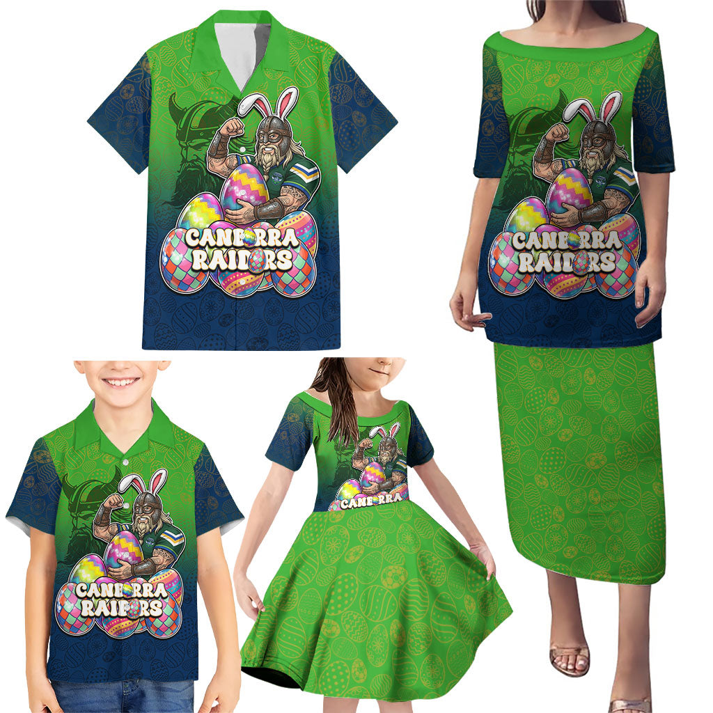 Personalized Canberra Raiders Family Matching Puletasi and Hawaiian Shirt Easter Mascot - Colorful Eggs Cartoon Style