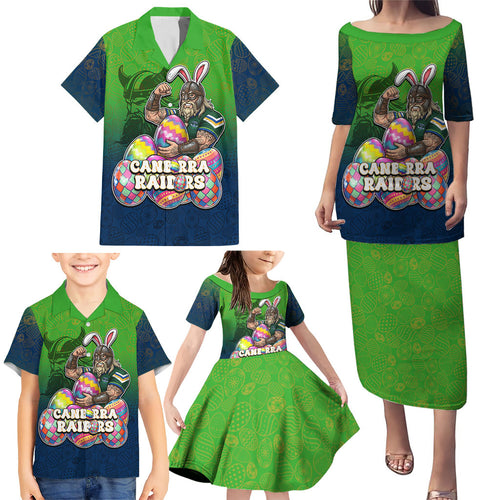 Personalized Canberra Raiders Family Matching Puletasi and Hawaiian Shirt Easter Mascot - Colorful Eggs Cartoon Style