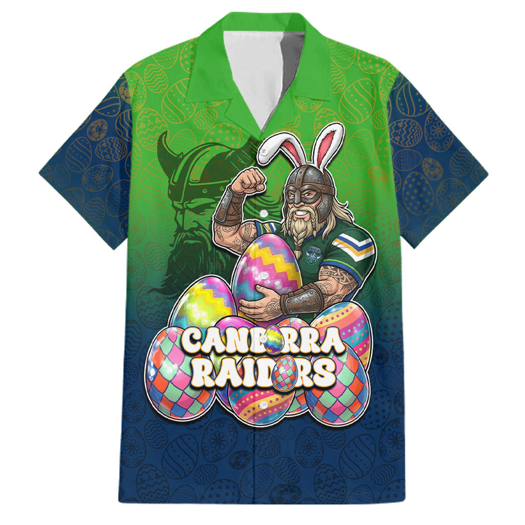 Personalized Canberra Raiders Family Matching Puletasi and Hawaiian Shirt Easter Mascot - Colorful Eggs Cartoon Style