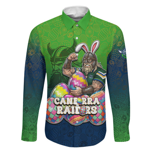 Personalized Canberra Raiders Family Matching Puletasi and Hawaiian Shirt Easter Mascot - Colorful Eggs Cartoon Style