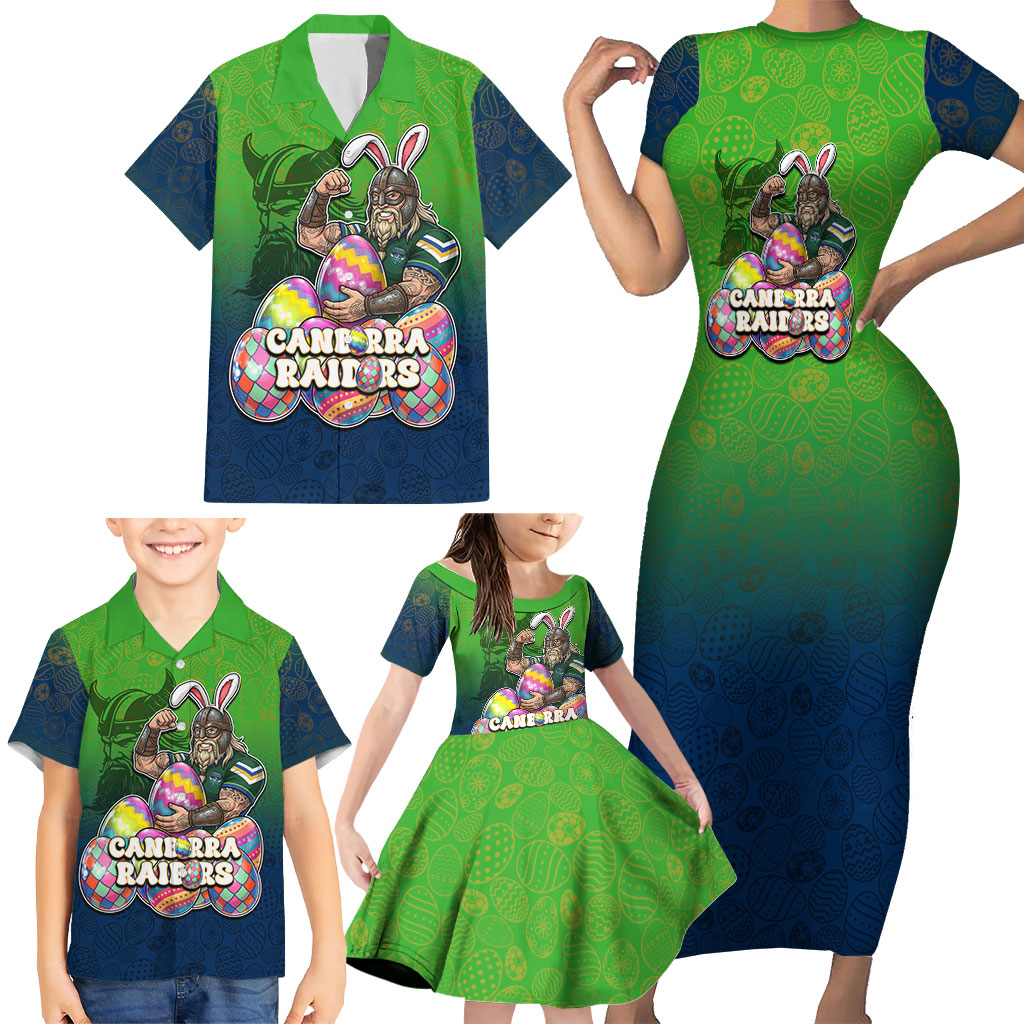 Personalized Canberra Raiders Family Matching Short Sleeve Bodycon Dress and Hawaiian Shirt Easter Mascot - Colorful Eggs Cartoon Style