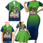 Personalized Canberra Raiders Family Matching Short Sleeve Bodycon Dress and Hawaiian Shirt Easter Mascot - Colorful Eggs Cartoon Style