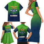 Personalized Canberra Raiders Family Matching Short Sleeve Bodycon Dress and Hawaiian Shirt Easter Mascot - Colorful Eggs Cartoon Style