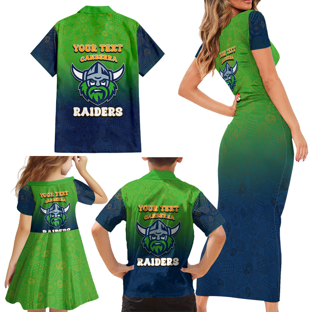 Personalized Canberra Raiders Family Matching Short Sleeve Bodycon Dress and Hawaiian Shirt Easter Mascot - Colorful Eggs Cartoon Style