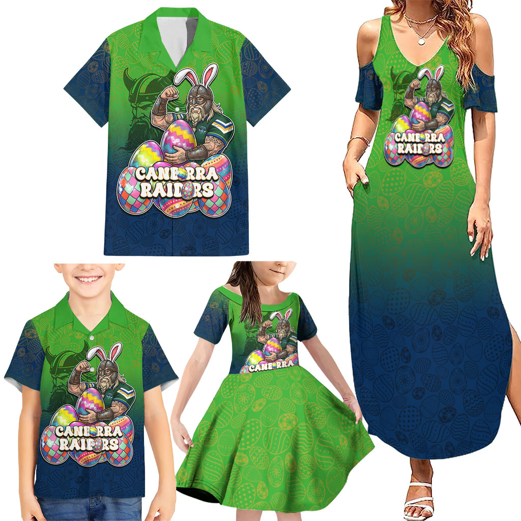 Personalized Canberra Raiders Family Matching Summer Maxi Dress and Hawaiian Shirt Easter Mascot - Colorful Eggs Cartoon Style