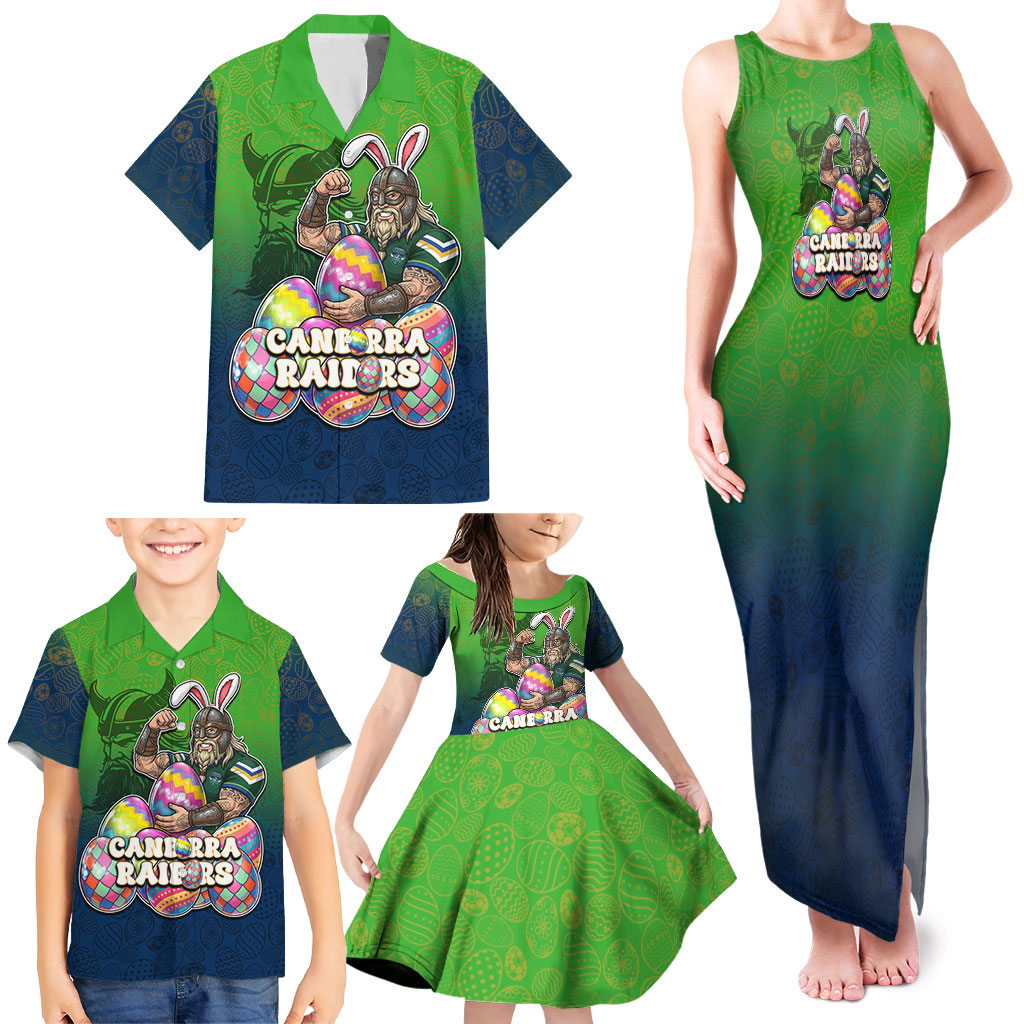 Personalized Canberra Raiders Family Matching Tank Maxi Dress and Hawaiian Shirt Easter Mascot - Colorful Eggs Cartoon Style