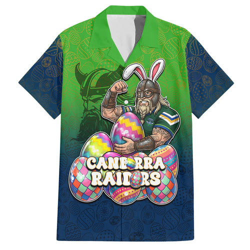 Personalized Canberra Raiders Hawaiian Shirt Easter Mascot - Colorful Eggs Cartoon Style