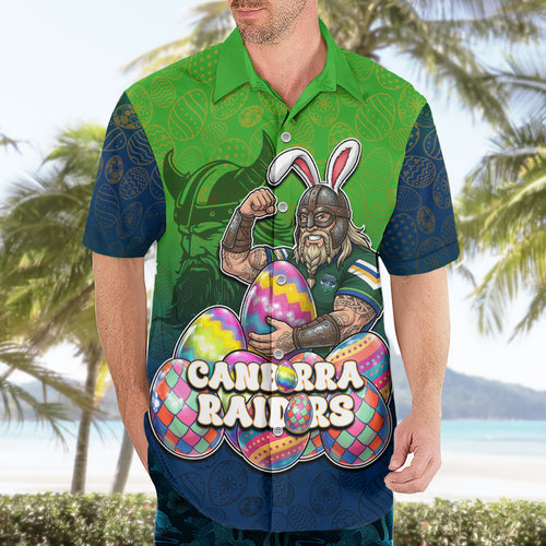 Personalized Canberra Raiders Hawaiian Shirt Easter Mascot - Colorful Eggs Cartoon Style