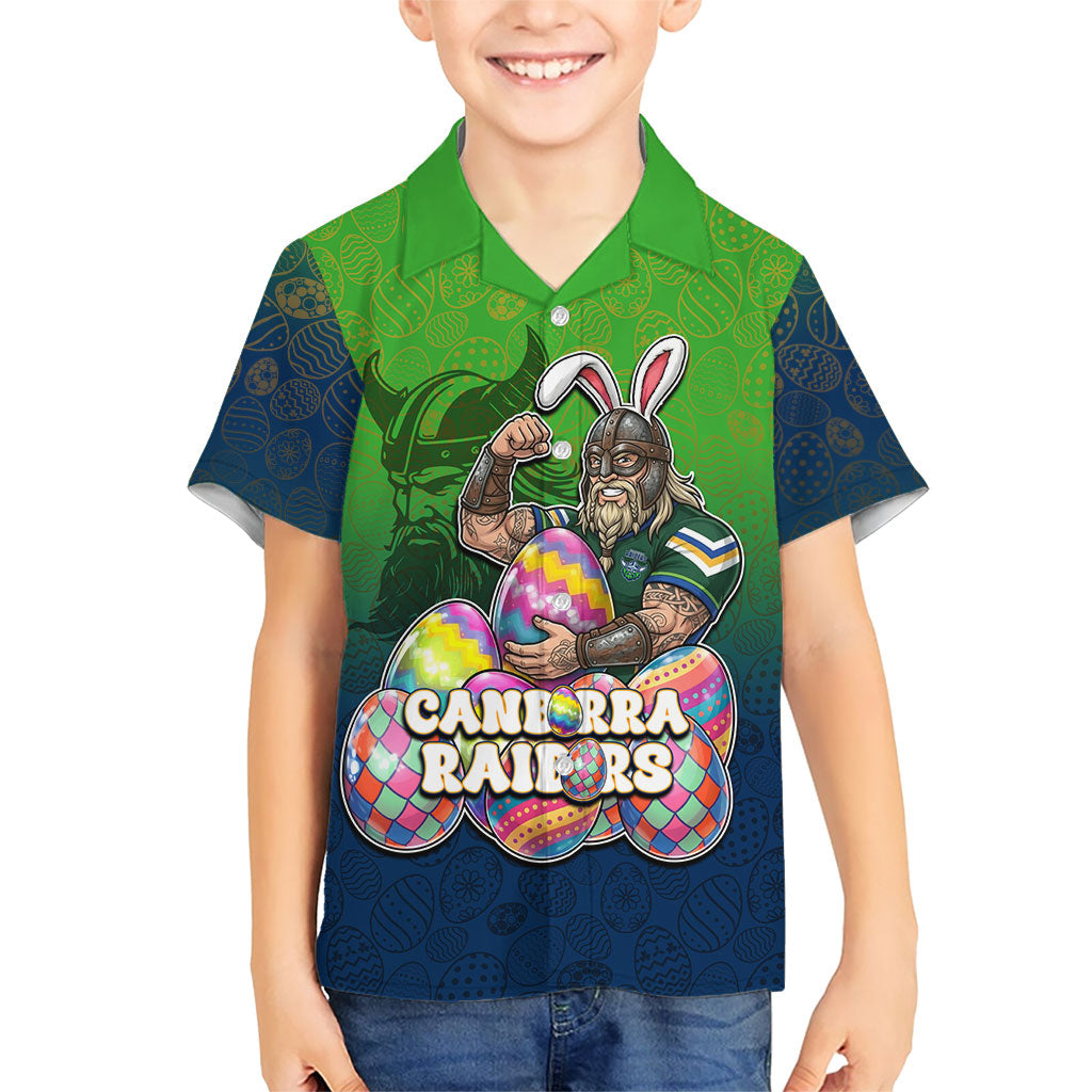 Personalized Canberra Raiders Hawaiian Shirt Easter Mascot - Colorful Eggs Cartoon Style