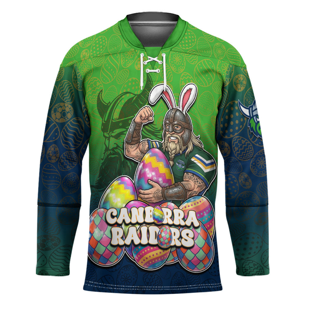 Personalized Canberra Raiders Hockey Jersey Easter Mascot - Colorful Eggs Cartoon Style