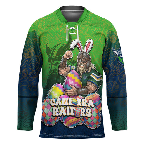 Personalized Canberra Raiders Hockey Jersey Easter Mascot - Colorful Eggs Cartoon Style