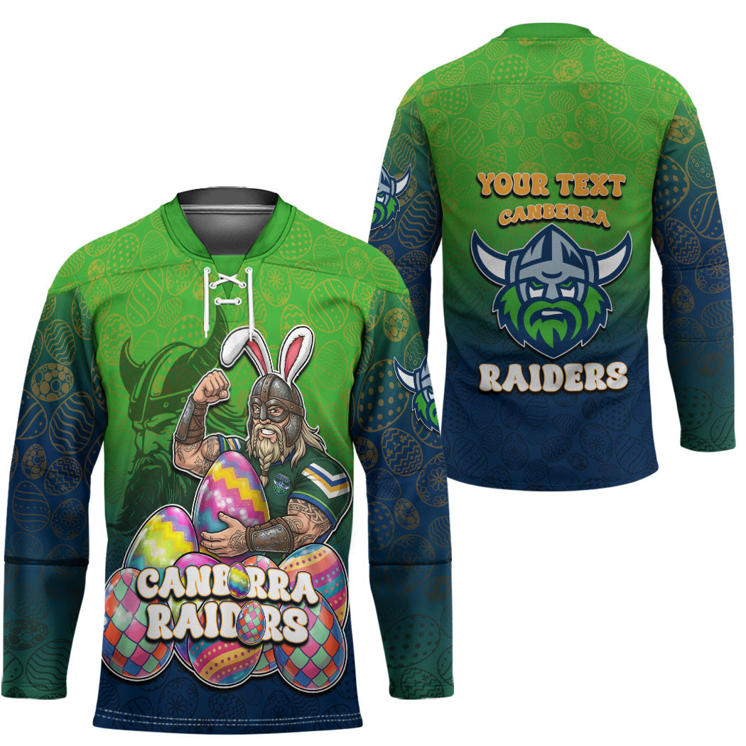 Personalized Canberra Raiders Hockey Jersey Easter Mascot - Colorful Eggs Cartoon Style