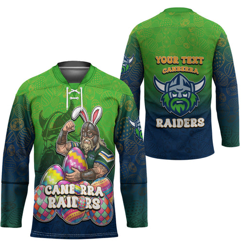 Personalized Canberra Raiders Hockey Jersey Easter Mascot - Colorful Eggs Cartoon Style