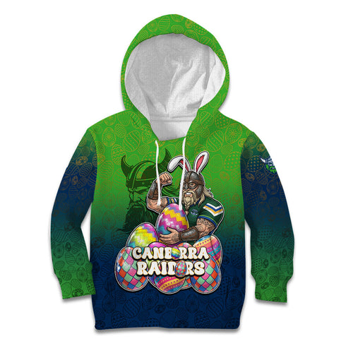 Personalized Canberra Raiders Kid Hoodie Easter Mascot - Colorful Eggs Cartoon Style