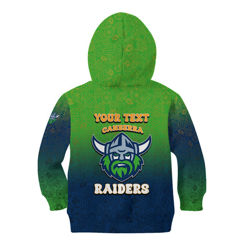 Personalized Canberra Raiders Kid Hoodie Easter Mascot - Colorful Eggs Cartoon Style