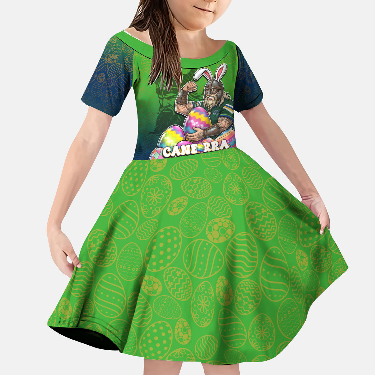 Personalized Canberra Raiders Kid Short Sleeve Dress Easter Mascot - Colorful Eggs Cartoon Style
