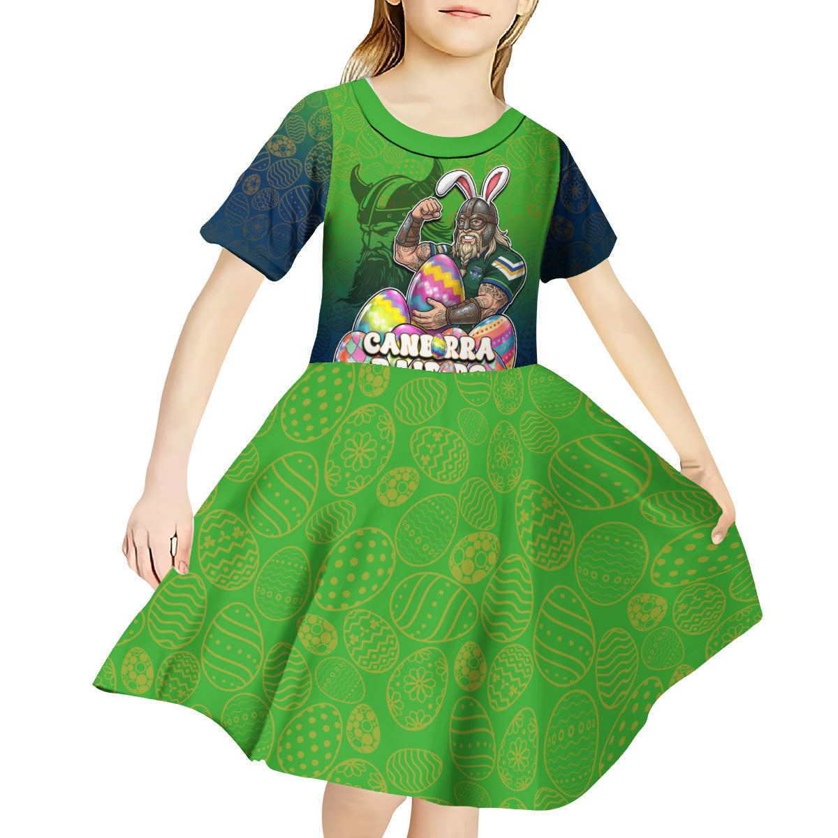 Personalized Canberra Raiders Kid Short Sleeve Dress Easter Mascot - Colorful Eggs Cartoon Style