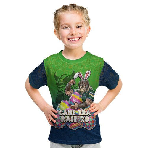 Personalized Canberra Raiders Kid T Shirt Easter Mascot - Colorful Eggs Cartoon Style