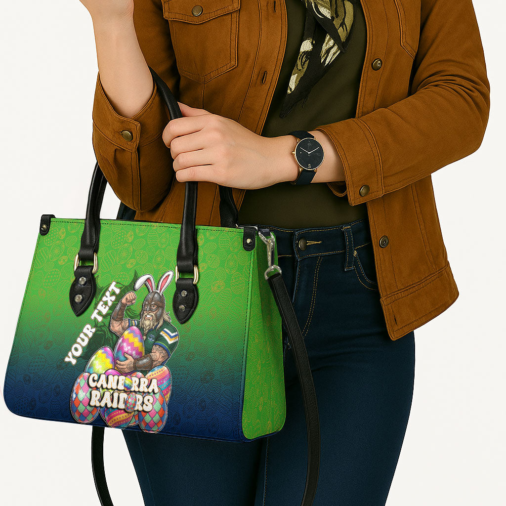 Personalized Canberra Raiders Leather Bag Easter Mascot - Colorful Eggs Cartoon Style