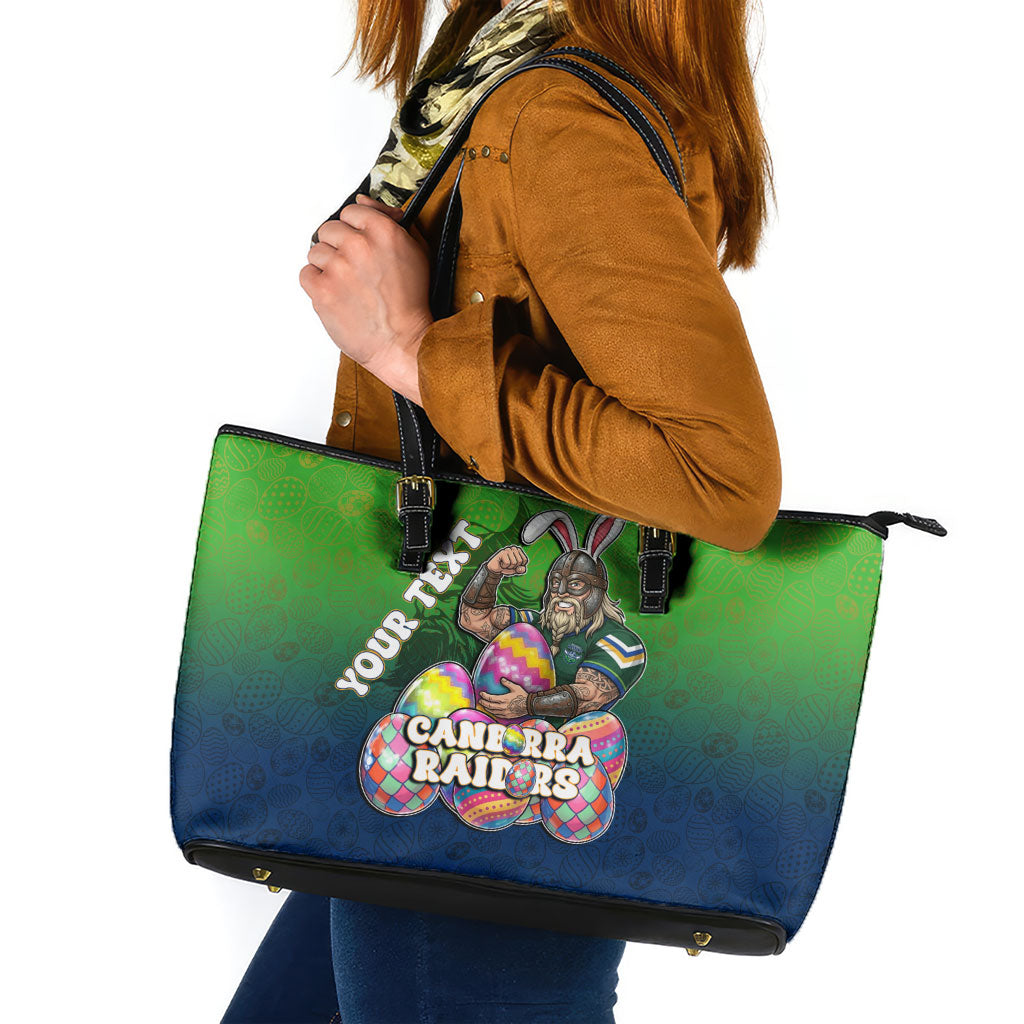 Personalized Canberra Raiders Leather Tote Bag Easter Mascot - Colorful Eggs Cartoon Style