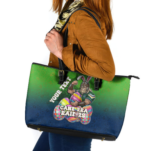Personalized Canberra Raiders Leather Tote Bag Easter Mascot - Colorful Eggs Cartoon Style