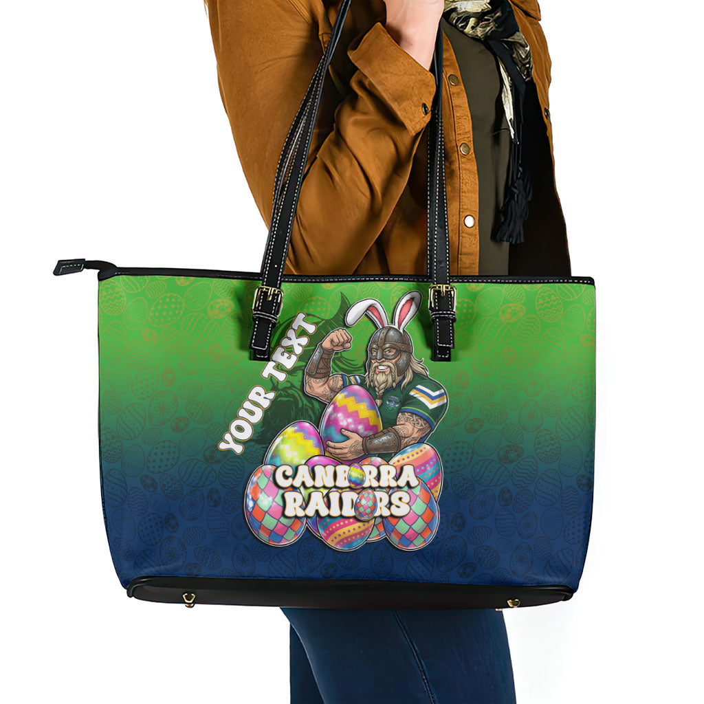 Personalized Canberra Raiders Leather Tote Bag Easter Mascot - Colorful Eggs Cartoon Style