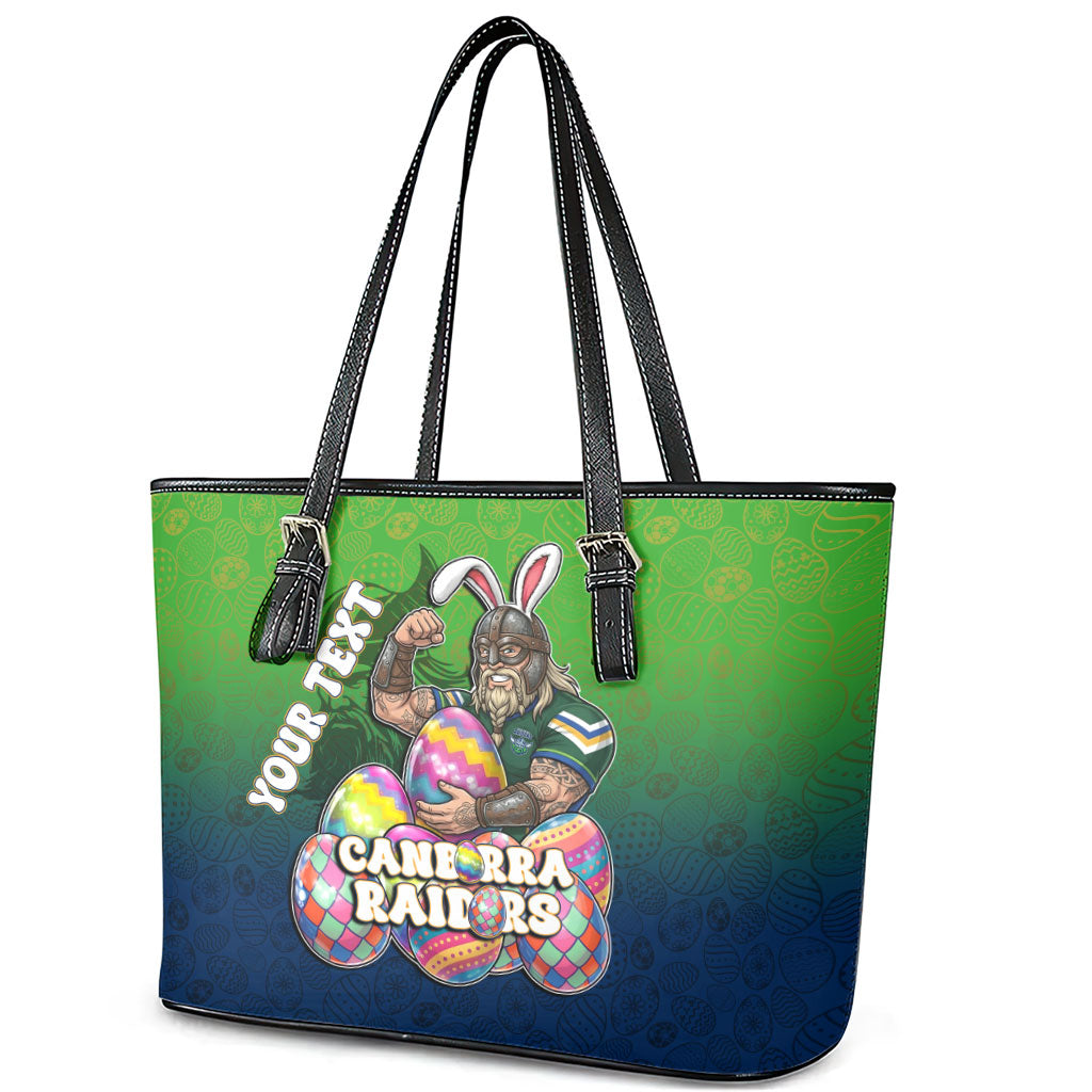 Personalized Canberra Raiders Leather Tote Bag Easter Mascot - Colorful Eggs Cartoon Style