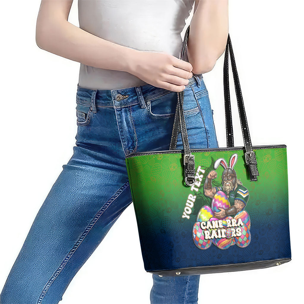 Personalized Canberra Raiders Leather Tote Bag Easter Mascot - Colorful Eggs Cartoon Style