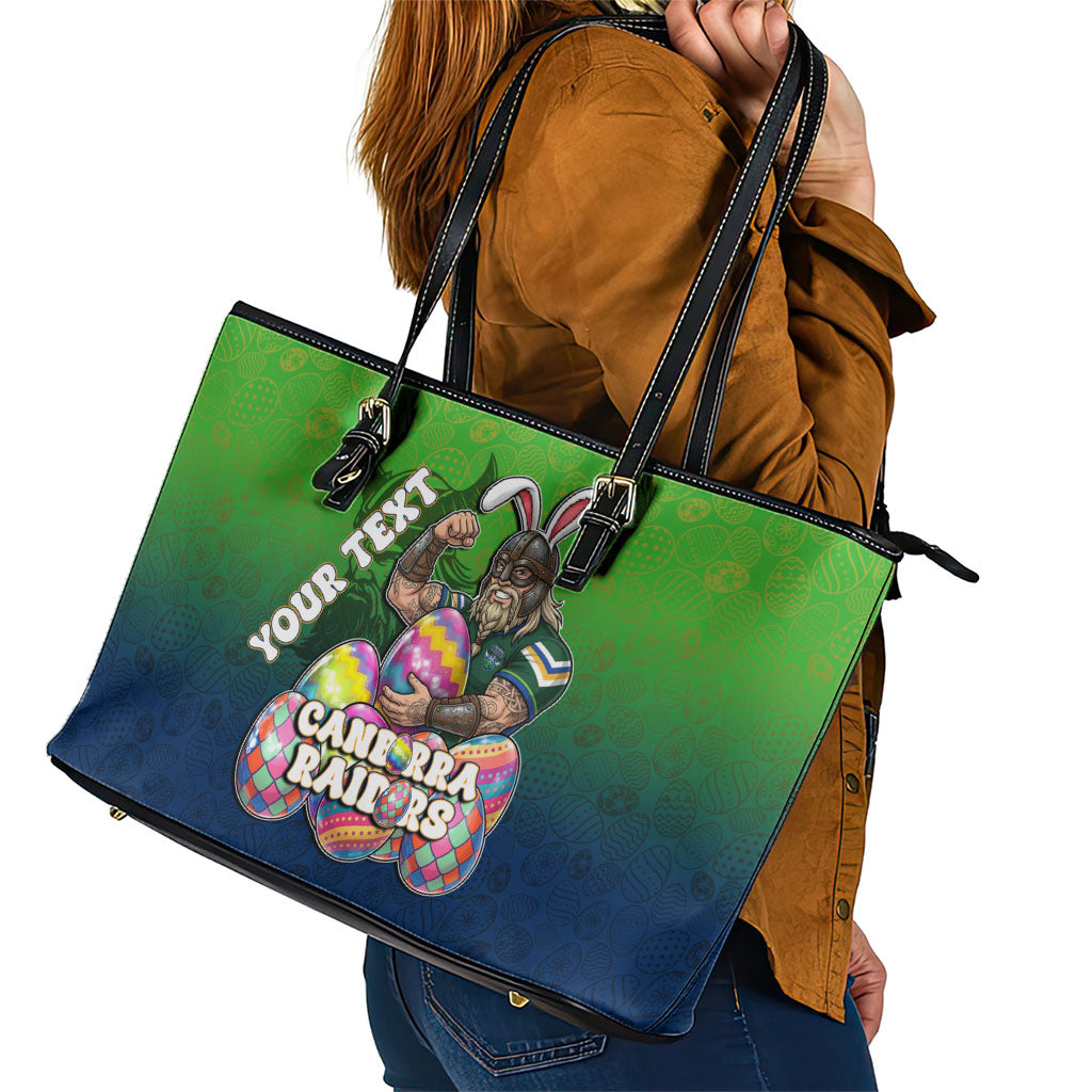 Personalized Canberra Raiders Leather Tote Bag Easter Mascot - Colorful Eggs Cartoon Style