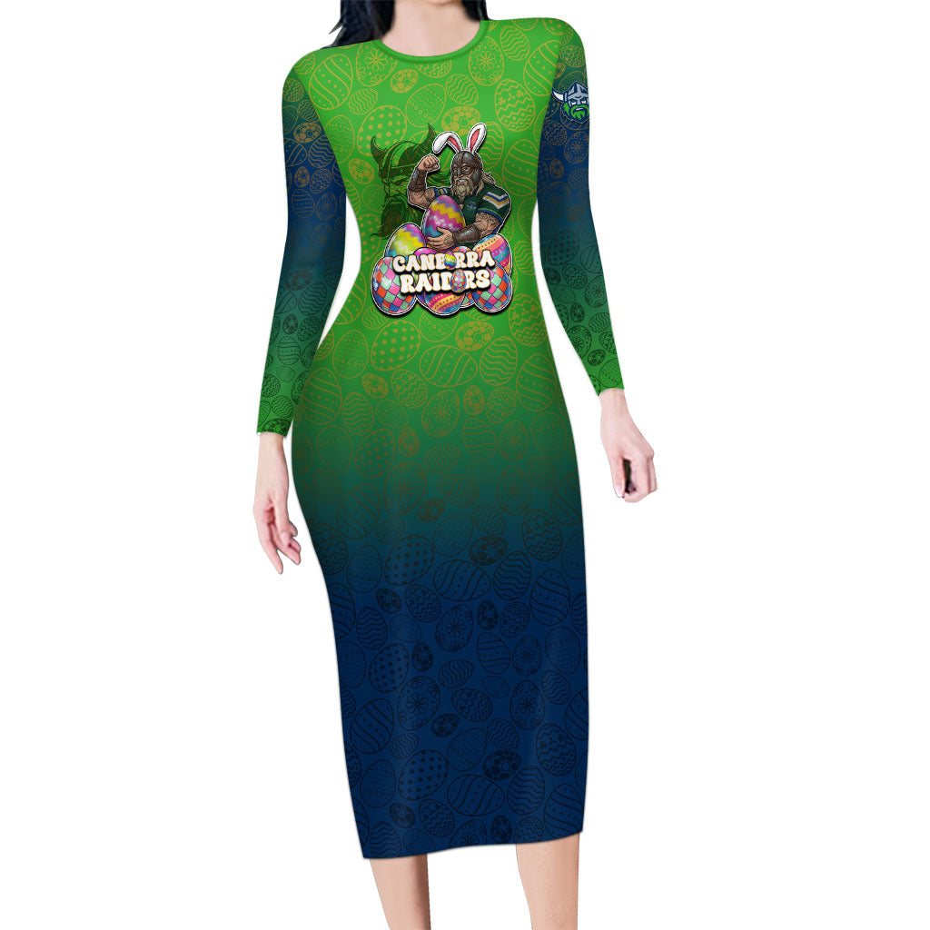 Personalized Canberra Raiders Long Sleeve Bodycon Dress Easter Mascot - Colorful Eggs Cartoon Style